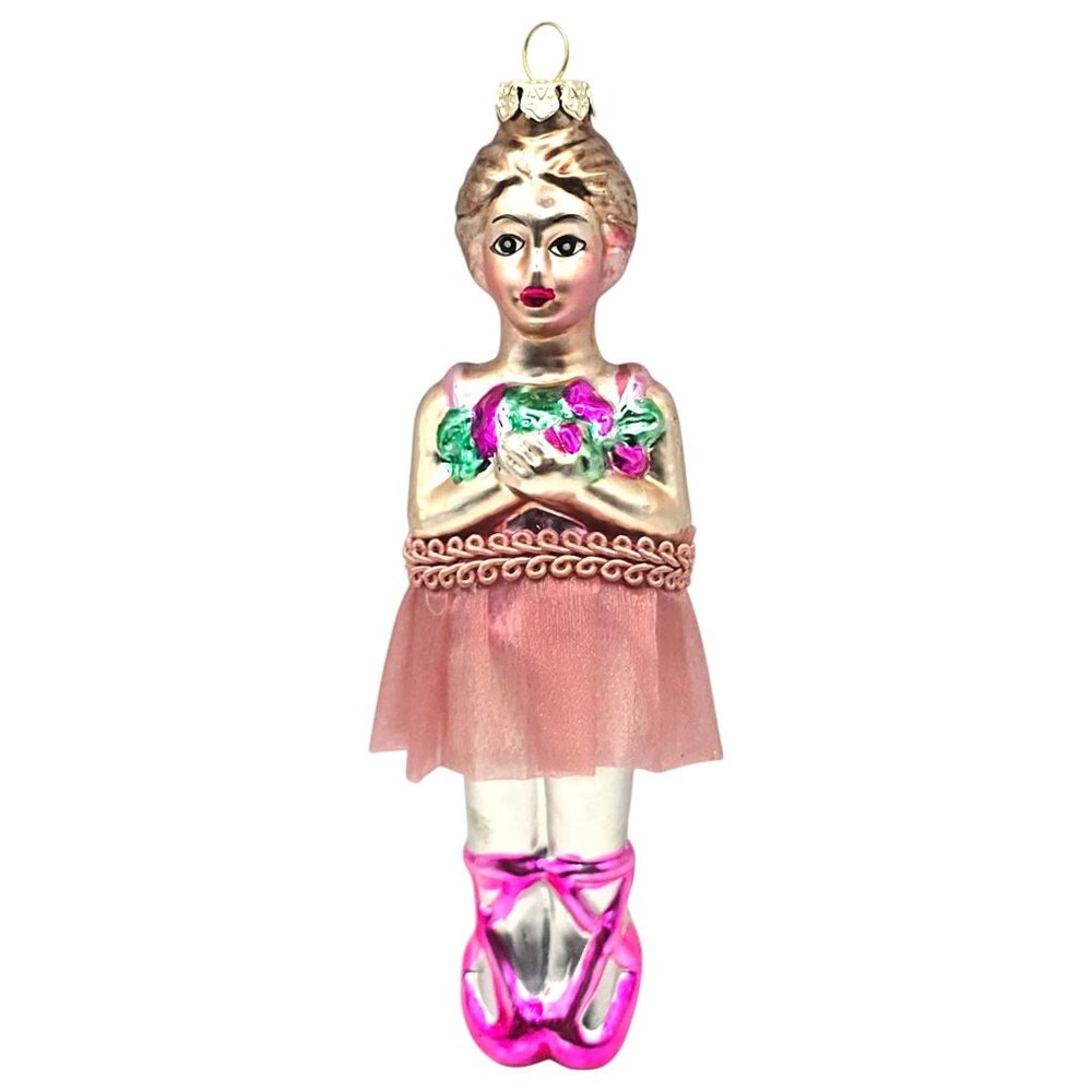 Vtg Glass Ballerina Christmas Ornament 6" Pink & Gold Hand-Painted Ballet Figure